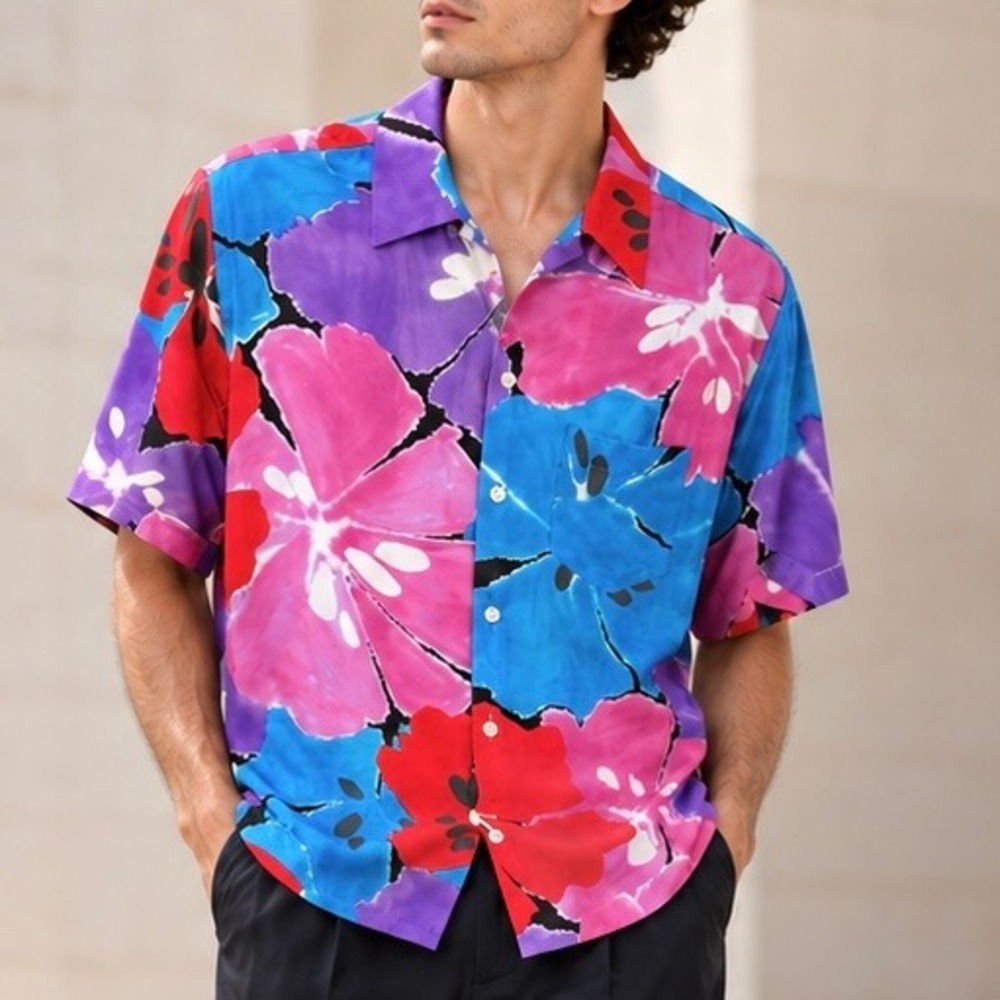 AllSaints Mallorca Shirt Punch Pink Floral Relaxed Fit Maximalist Art Guy Mens M
